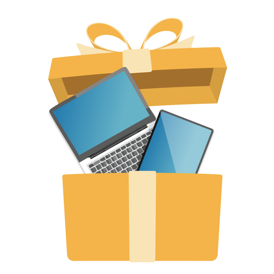 Grafik von einem Geschenk, welches ein Laptop und ein Tablet enthält